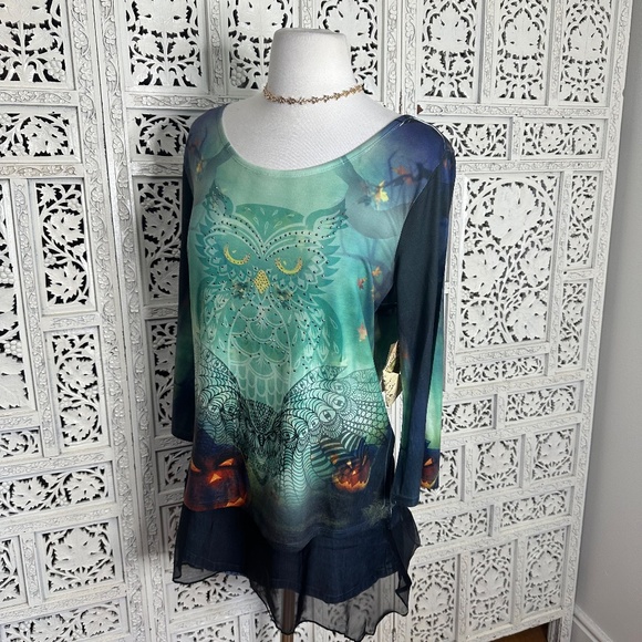 NWT One World Green Grunge Halloween Owl Themed Graphic 3/4 Sleeve Flowy Blouse - Picture 5 of 8